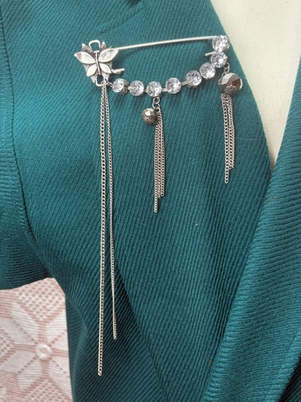 Handcrafted Butterfly Sweater Clip with Rhinestones & Chain Tassels